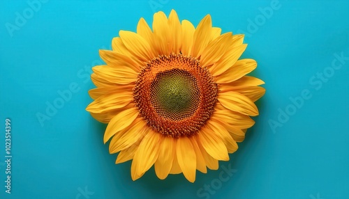 Vibrant Close-Up of a Sunflower in Full Bloom Against a Bright Cyan Background Highlighting Its Rich Petals and Geometric Center Pattern