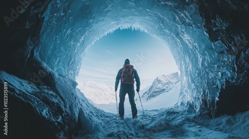 A lone hiker stands in a snow-covered cave opening, looking out at a snow-capped mountain range. The light from the outside illuminates the ice formations in the cave.