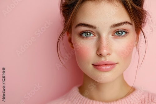 Portrait of a Young Woman with Freckles and Pink Blush