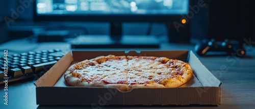 Midnight Gamer's Chaos - Half-Empty Pizza Box on Cluttered Desk with Dim Lighting