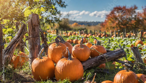 Autumn harvest in a pumpkin patch showcasing vibrant pumpkins against a clear blue sky and scenic fall foliage