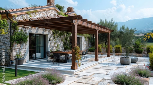 A contemporary tuscan style stone house with modern wooden patio pergola shading system, combination local natural stone with wood.