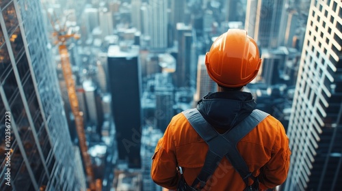 A construction worker in an orange helmet overlooks a city skyline from a high vantage point.