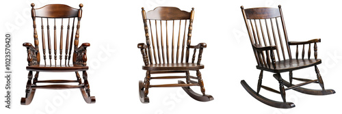 A classic wooden rocking chair traditional design dark walnut finish high backrest isolated on white and transparent background