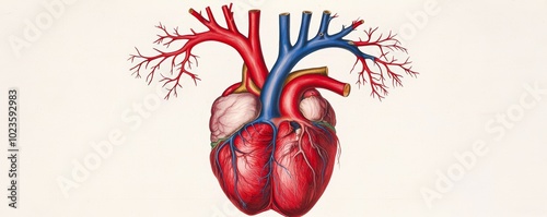 A frontal view of the human heart, with the coronary arteries and veins arranged symmetrically around the hearts central axis.