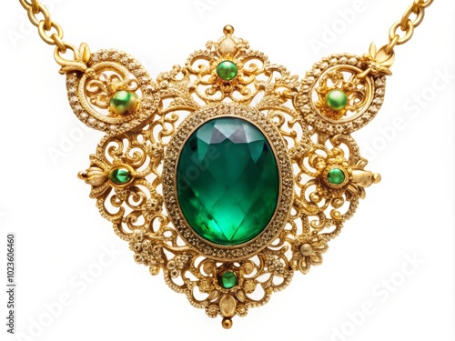 Description: A stunning gold necklace features a bold, emerald green gemstone surrounded by intricate filigree details, showcasing the decadence of luxury and sophistication.