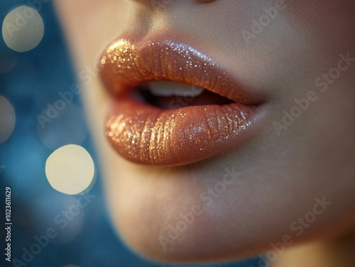 Close-up of glossy lips with shimmering makeup, capturing beauty and allure against a blurred background.