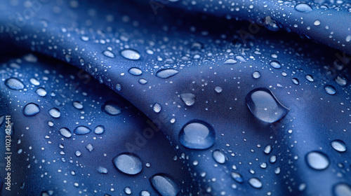 Soft, wrinkled blue fabric with glistening water droplets creates serene and refreshing atmosphere. texture and sheen evoke sense of calm and tranquility