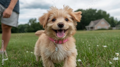 Joyful Fluffy Dog Lola Enjoying Sunny Day in Grass Field, Closeup Perspective with Playful Expression, Outdoor Pet Photography Concept