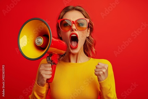 Black friday concept of Hurry up. Stylish brunette woman screaming in loudspeaker, announces about final sales and discounts day, black friday , copy space for text,