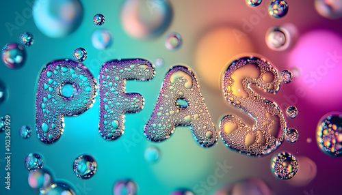 PFAS Acronym Formed By Water Bubbles On A Colorful Background. Generative AI