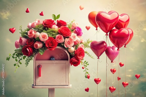 A beautifully decorated vintage-style postbox overflowing with red roses, heart-shaped balloons, and colorful love letters, set against a soft pastel pink and white background.