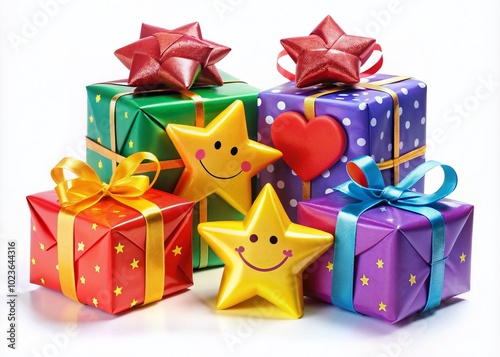 A colorful arrangement of wrapped gifts and icons, including a star, heart, and smile, conveying celebration, gratitude, and joy on a bright white background.