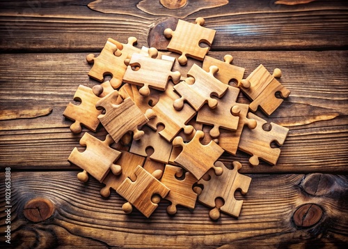 A neatly arranged wooden puzzle on a rustic wooden table, with all pieces perfectly fitted together, conveying a sense of accomplishment and problem-solving satisfaction.