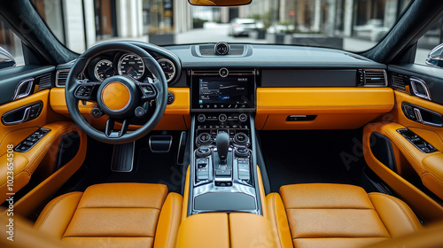 The interior of a luxury car is shown with a tan leather interior