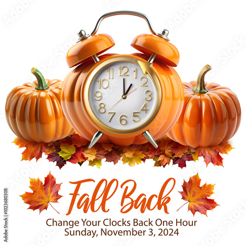 Daylight Saving Time Ends. Fall Back informational banner with pumpkin clock that turns the clock back an hour, fall leaves and text instructions for turning the clock back an hour on November 3, 2024