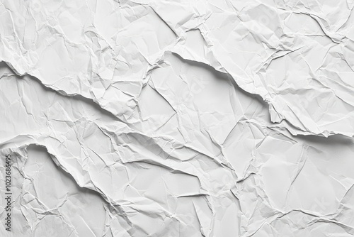 Crumpled white paper texture with dynamic creases and wrinkles forming abstract background