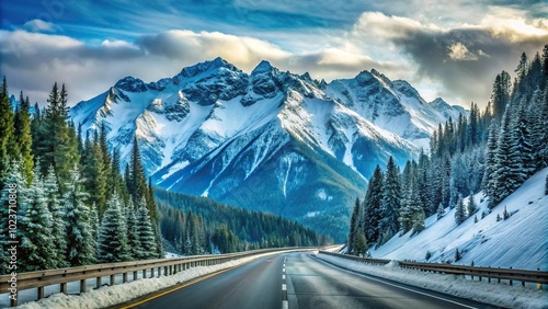 Snowy highway viewpoint of mountains in Washington State