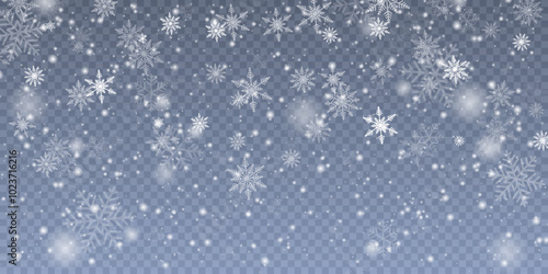 Christmas cold blizzard effect with snow. Vector texture Cold winter wind with snowflakes on transparent background.