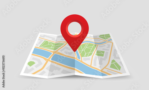 Map with GPS pin. Navigation and direction. City map with infrastructure. Travel and tourism. Journey and adventure. Guide for tourists. Isometric vector illustration isolated on beige background