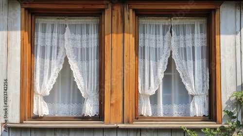 A pair of windows with delicate lace curtains gently blowing in the breeze on a summer day.