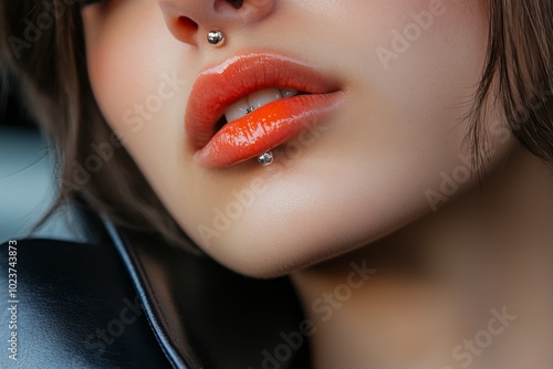 A person with a chic septum ring and a matching lip piercing, combining two facial piercings in a fashionable way