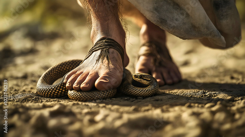 Jesus Christ powerfully crushing a serpent with his feet, symbolizing the devil, demonstrating his triumphant victory.