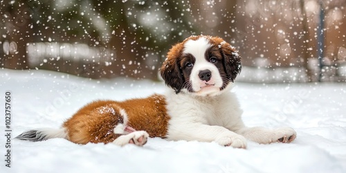 st bernard puppy in the winter snow 