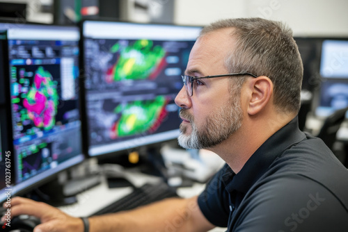 Meteorologist monitoring weather forecast at monitor screen. Man monitors formation of dangerous heavy rains, storms, approaching catastrophic hurricane in meteorological office workplace