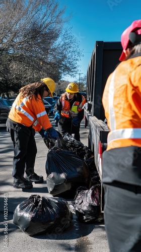 Sanitation workers in bright uniforms gather and load trash into a truck under clear blue skies