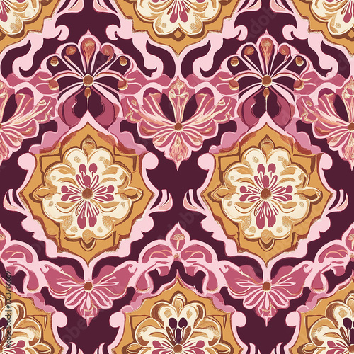 Intricate Moroccan style pattern with swirls, purple color tones, seamless pattern