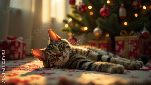 Tabby cat relaxing under christmas tree with wrapped presents