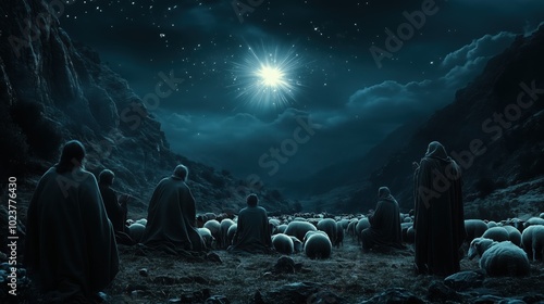 Shepherds surprised in their campsite by an extraordinary light from the sky, performing dramatic gestures, The Angelic Announcement to the Shepherds, The Annunciation to the Shepherds, Christmas