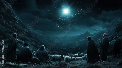 Shepherds surprised in their campsite by an extraordinary light from the sky, performing dramatic gestures, The Angelic Announcement to the Shepherds, The Annunciation to the Shepherds, Christmas