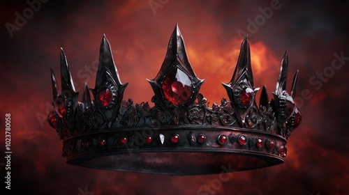 A black crown with red gems against a dramatic red sky background.