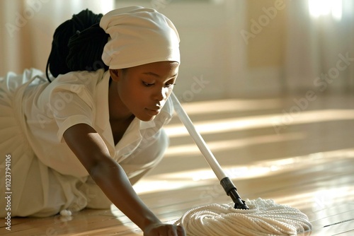 young maid in a uniform cleaning a hardwood floor with a mop.