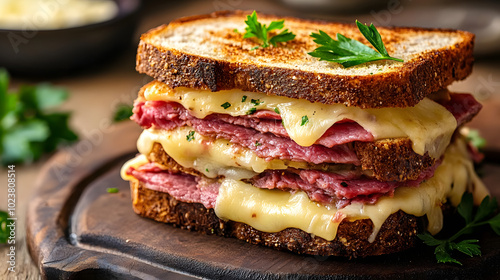 Hearty sandwich with layers of corned beef and melted cheese on toasted bread garnished parsley