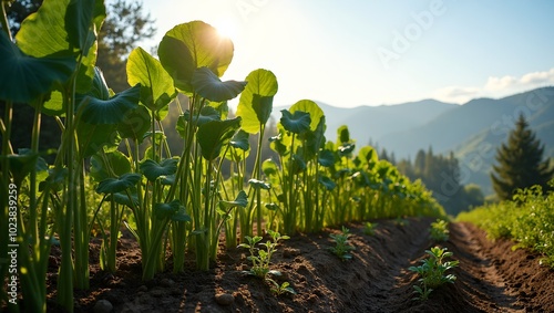 Yacon plants in a sunlit mountain garden with swaying stems and heart shaped leaves