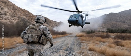 A soldier runs swiftly over a fog-laden field, racing toward an approaching helicopter, embodying the urgency and tension of a military operation in the wilderness.