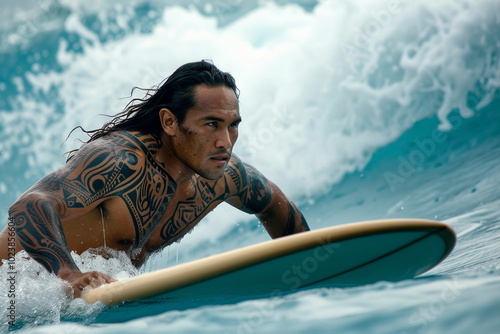 tattooed maori man is surfing on a wave on surfboard, water drops, white and aquamarine