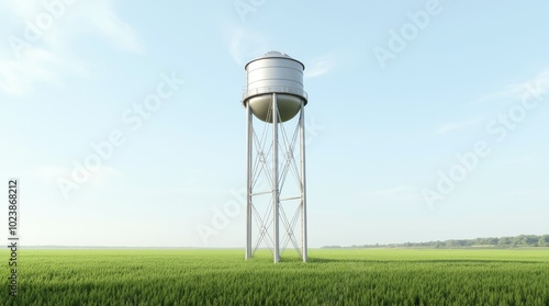 A vintage water tower stands tall amidst fields under a clear sky, showcasing rural landscapes in the afternoon light