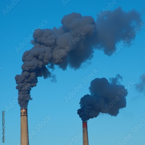 Smokestacks release pollutants against backdrop of clear skies showcasing industrial air pollution effects