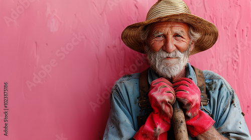 portrait of an old gray-haired gardener in a straw hat with a shovel by the pink wall.