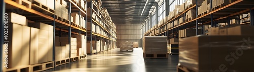 Spacious warehouse interior filled with stacked boxes, highlighting industrial storage and logistics solutions.