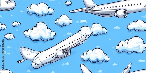 Cartoon airplanes and clouds seamless pattern