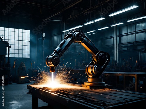 Generative AI illustration of robotic arm welding with glowing light in empty dark room in industrial building of innovation factory, technology metalwork equipment fabricate industrial metal process