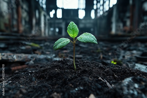 A resilient green plant emerges from dark soil within an abandoned building, symbolizing life, hope, and renewal amidst decay and abandonment in an urban setting.