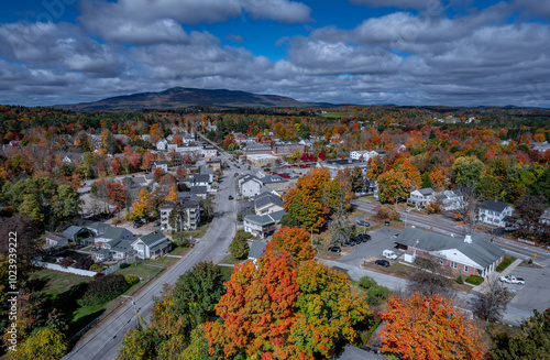 Aerial view of Jaffery, New Hampshire and Mount Monadnock during peak fall foliage 