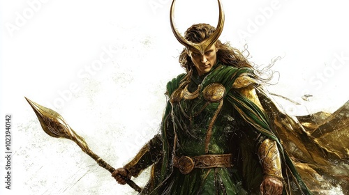 striking portrayal of Loki the Scandinavian god showcasing his fierce demeanor and intricate attire. He stands confidently with a spear embodying his legendary trickster persona.