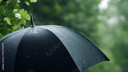 close up top view of red umbrella with raining water is pouring, light rain